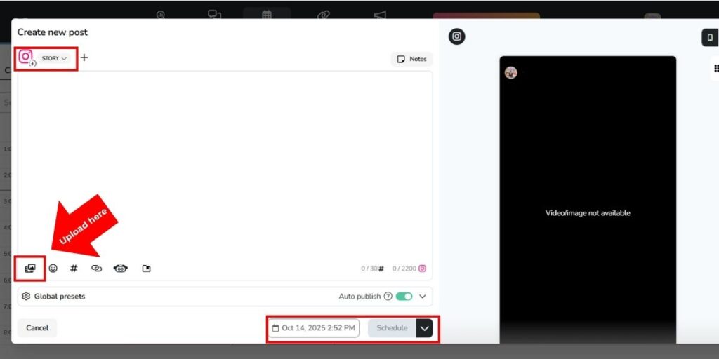 Select Story and Upload on Metricool