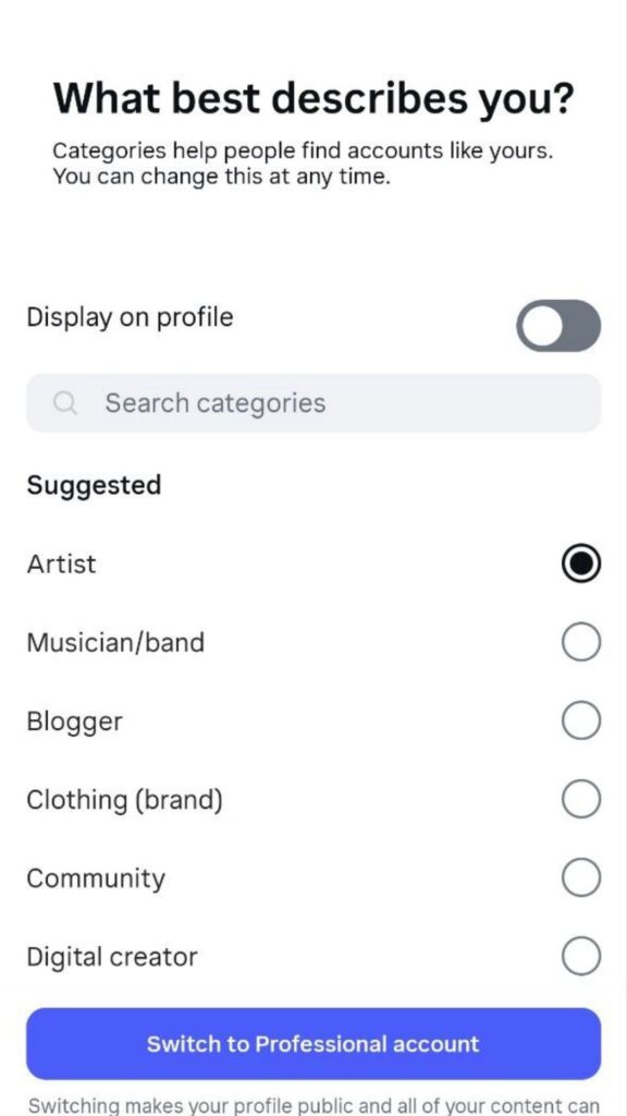 Select profession category on Instagram