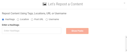 repost app of AiSchedul letting you find repost content using hashtags, location, URL, username