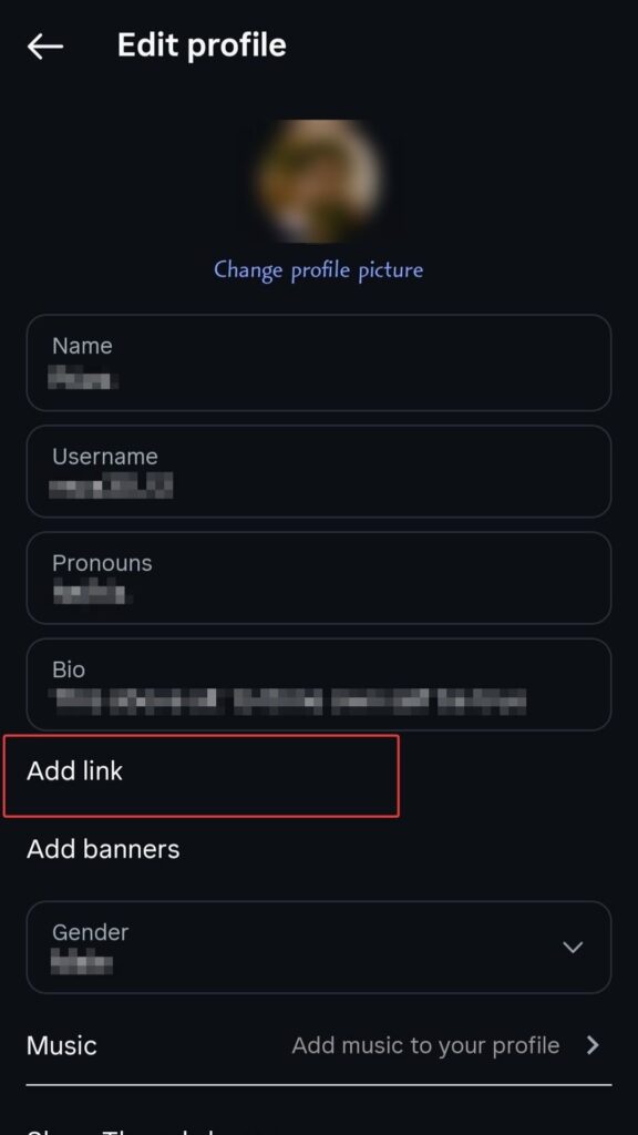 Edit profile tap on add link