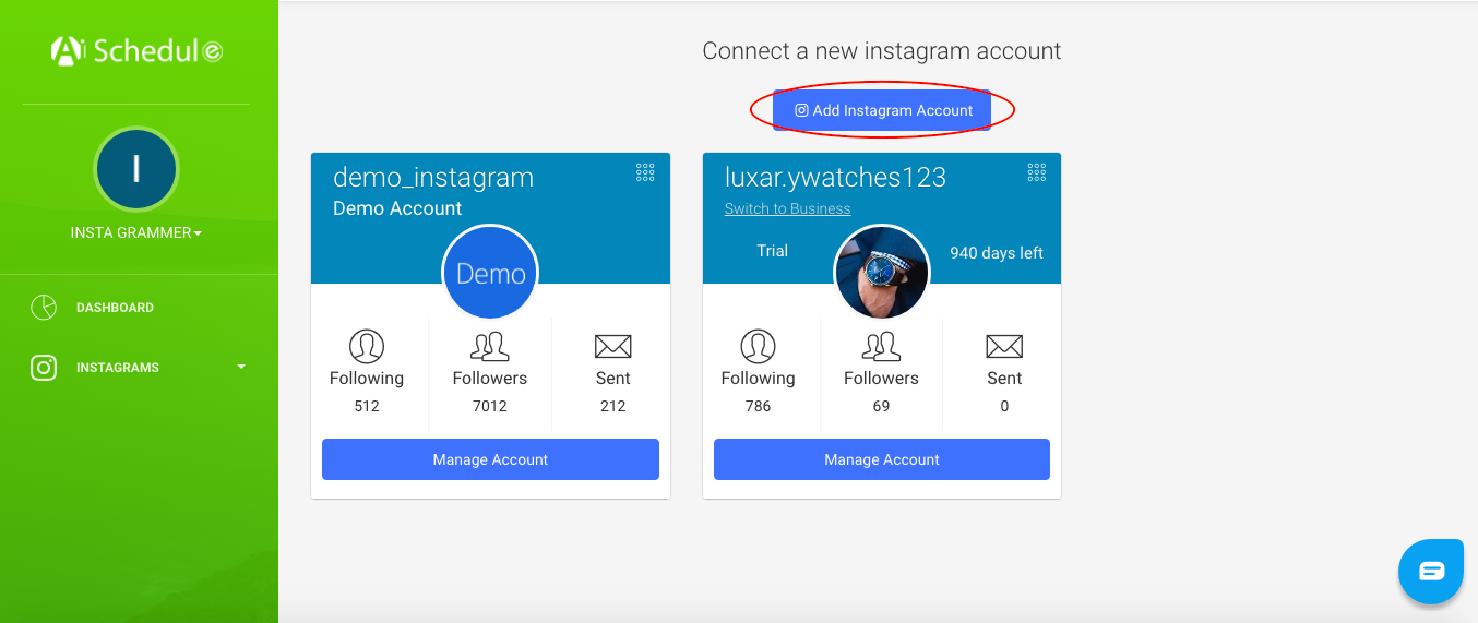 Add an Instagram account to your AiSchedule profile Instagram planner