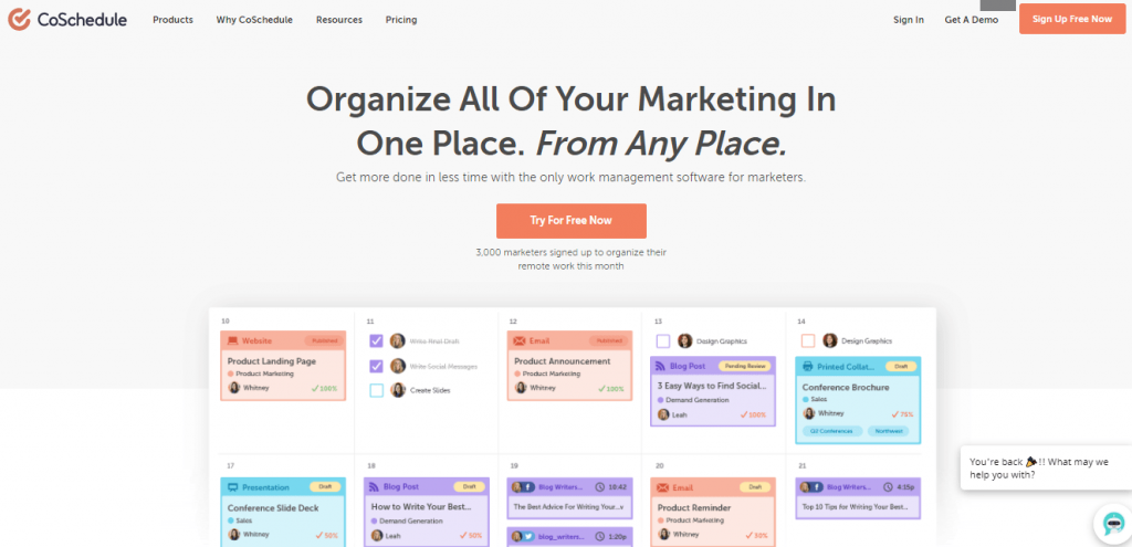 Landing page of CoSchedule