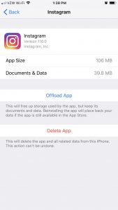 Clear Instagram cache on iPhone