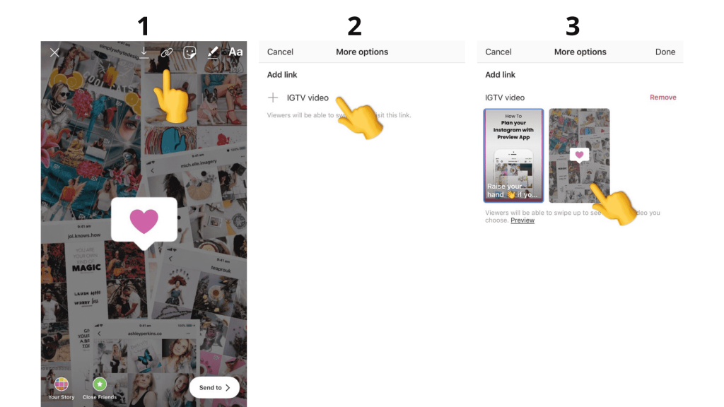 Click the link icon>tap “IGTV video” to swipe up on Instagram story