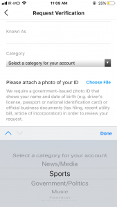 choose your category to verify your Instagram account