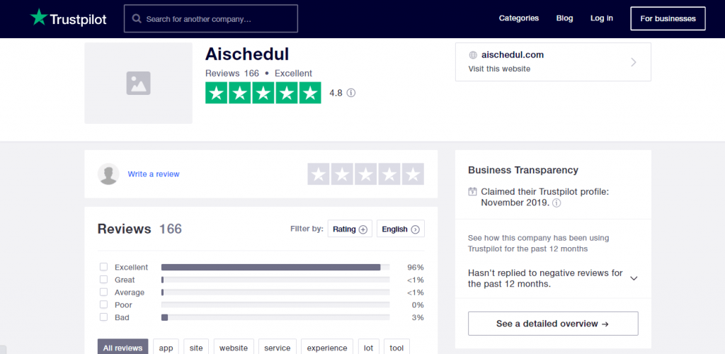 review of AiSchedul on Trustpilot.com which is 4.8 stars out of 5 