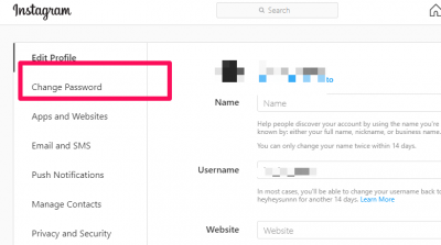 change instagram password pc