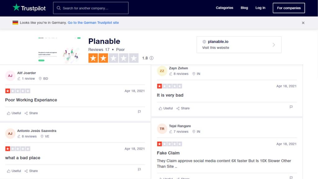 Planable reviews on Trust Pilot