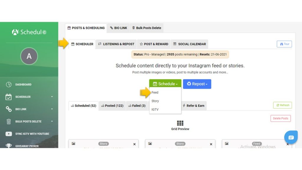 Instagra, scheduler feature of AiSchedul