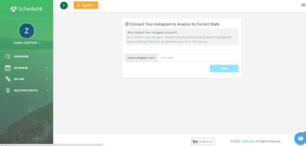 Enter your IG username to AiSchedul dashboard 