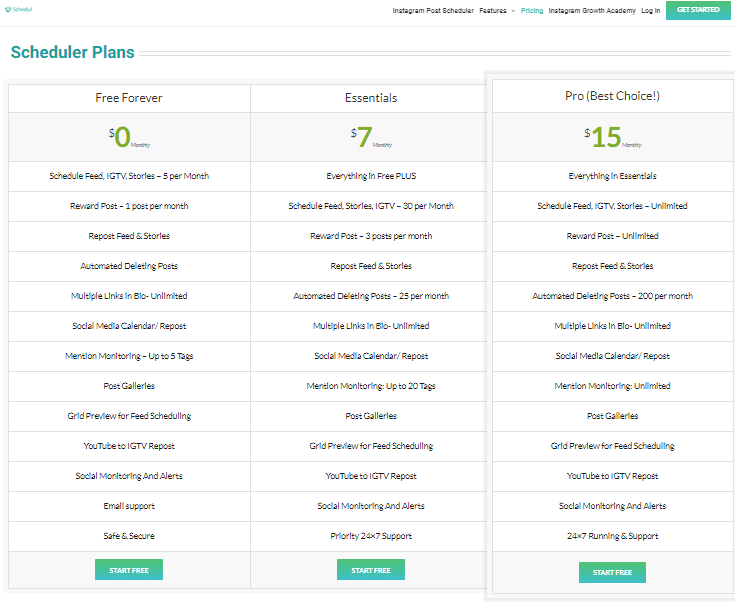 pricing of AiSchedul: 0, $7, and $15