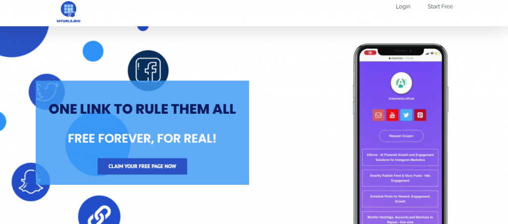 Landing page of MyURLs.app which is one branch of Ainf social