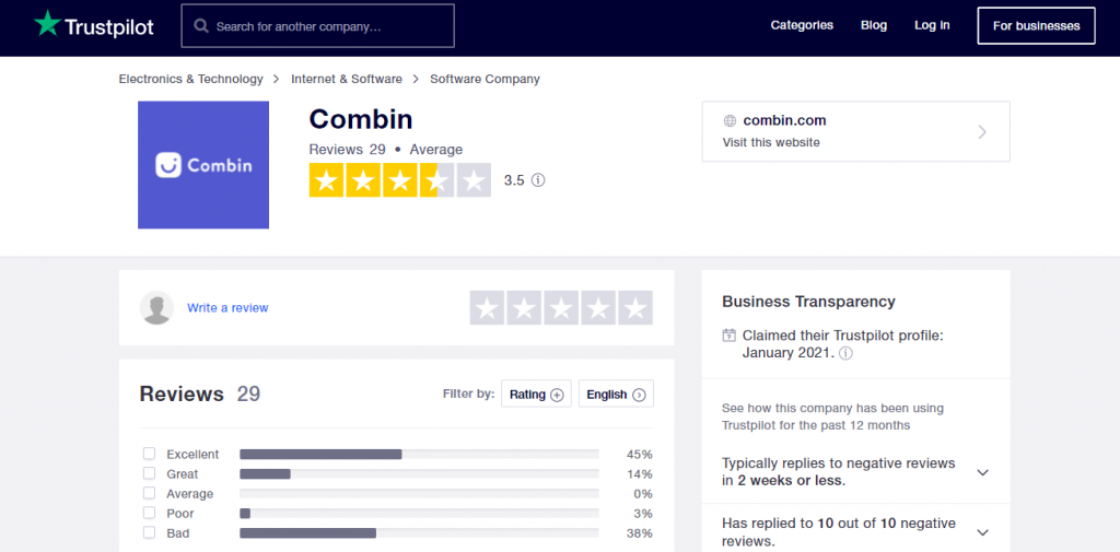review of Combin on TrustPilot.com: 3.5 stars out of 5