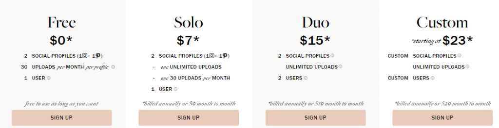 Pricing of Planoly: $0, $7, $15, & $23