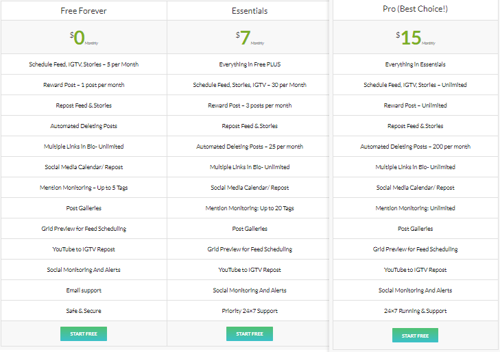Preise für AiSchedul: Kostenlos, 7 $ und 15 $ pro Monat