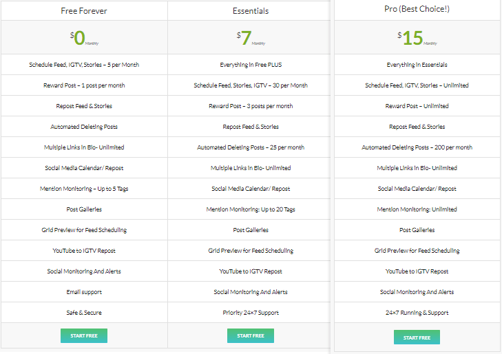 Pricing of AiSchedul: Free, $7, and $15 per month