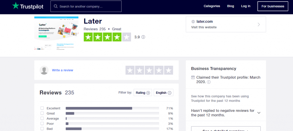    review of Later on trustpilot.com: 3.9 out of 5 stars