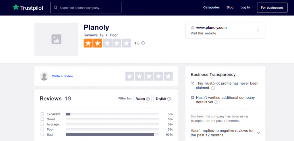 reviews of Planoly on TrustPilot.com: 1.8 starts out of 5
