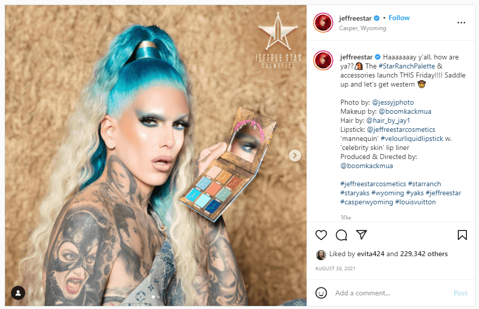 Jeffree Star makeup artist Instagram page