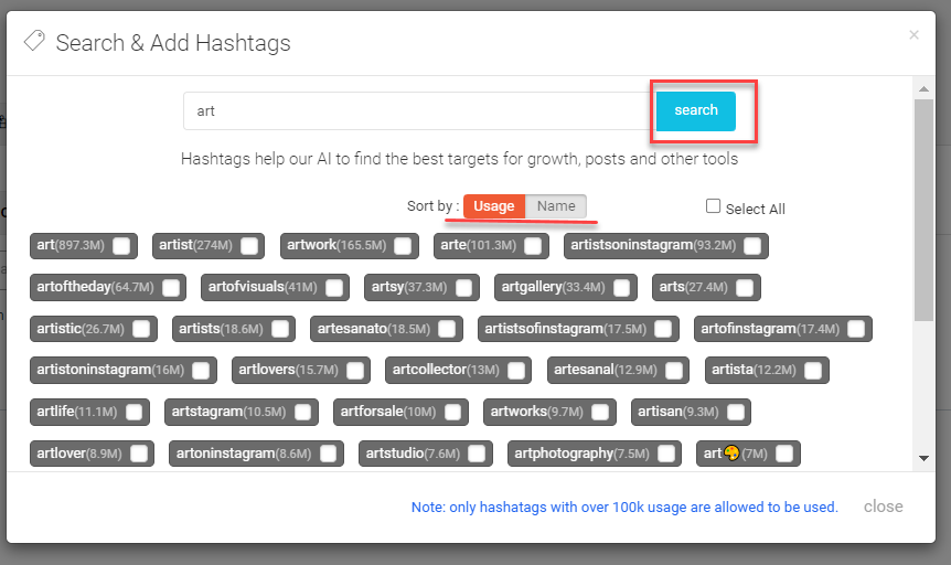 Search art Instagram hashtags