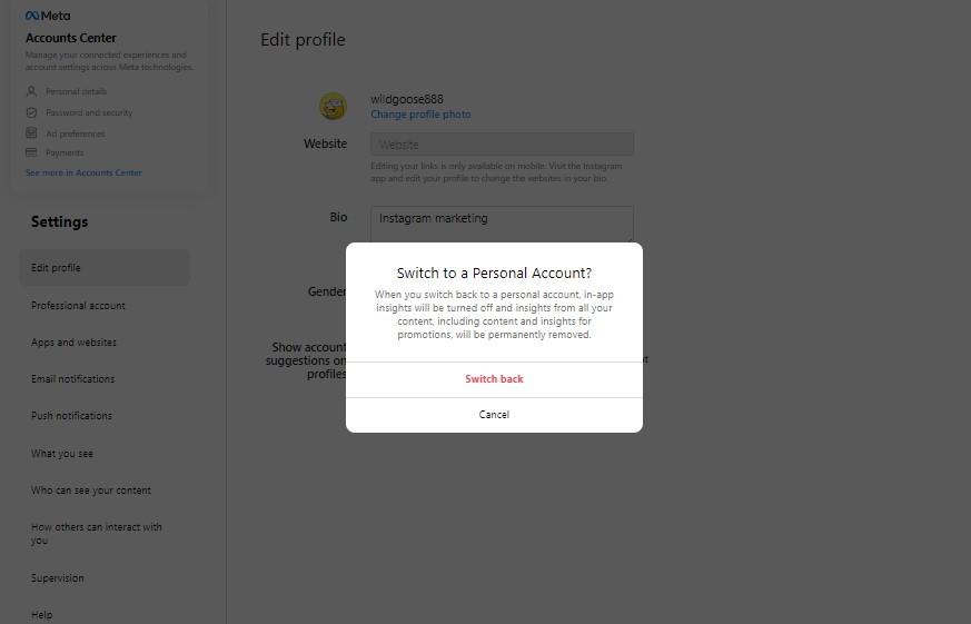 Instagram business to personal account switch