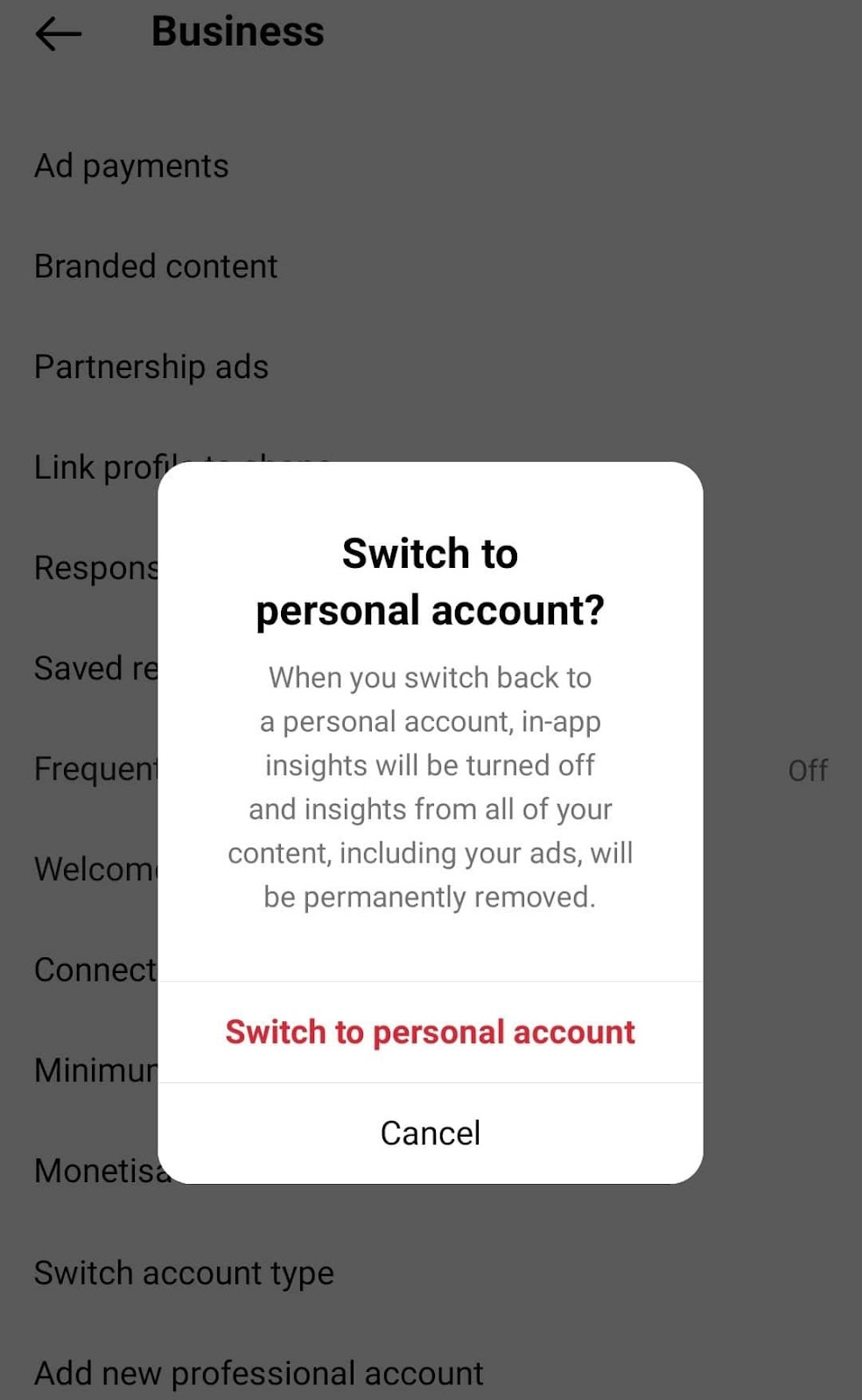 professional account to personal account on Instagram