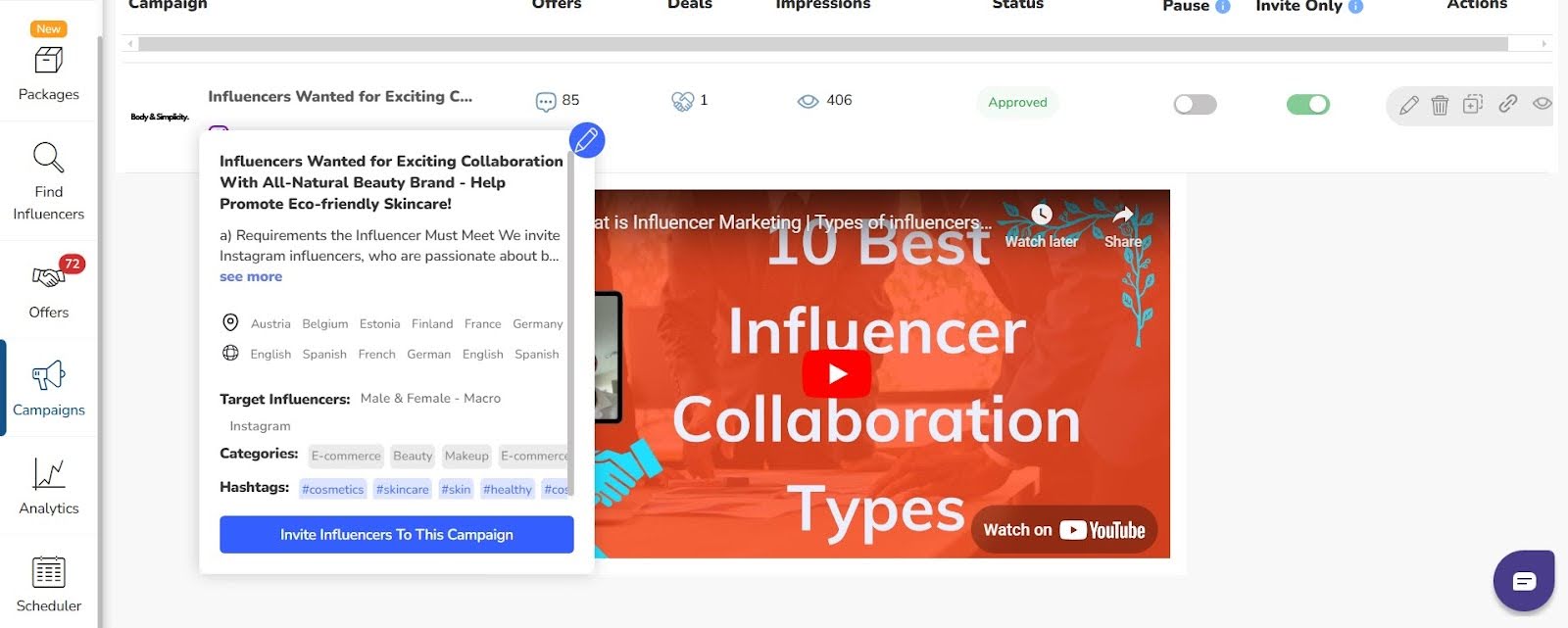 Ainfluencer campaign features