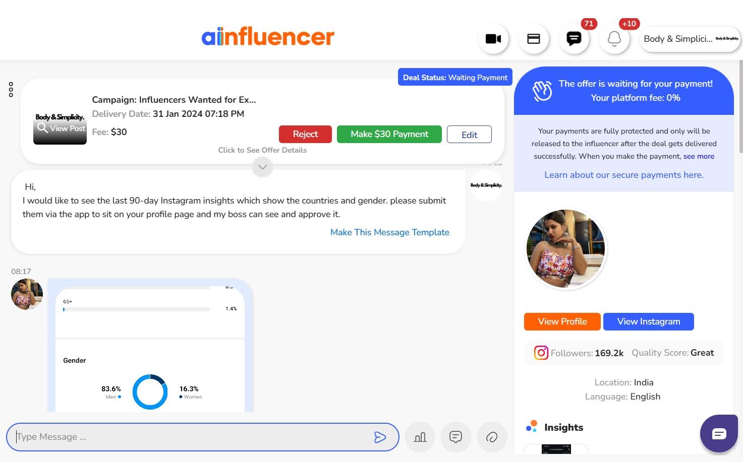 chat feature on Ainfluencer