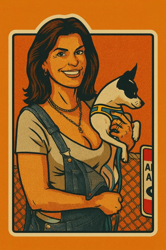 mary burke standing with a dog illustration